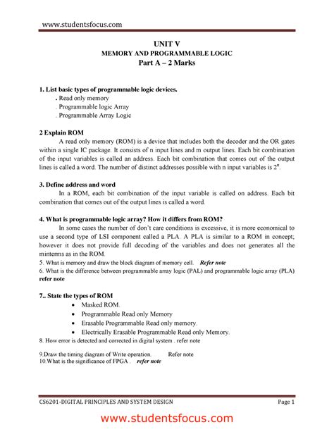5 - Detailed Notes - CS6201-DIGITAL PRINCIPLES AND SYSTEM DESIGN Page 1 ...