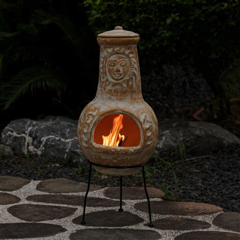 Outdoor Clay Chiminea Fireplace Sun Design Wood Burning Fire Pit with ...