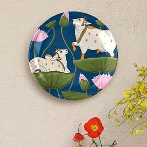 Buy WOODHANG Pichwai Cow with Lotus Ceramic Decorative Wall Plate ...