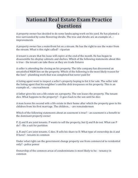 National Real Estate Exam Practice Questions | 220 Questions with 100% ...
