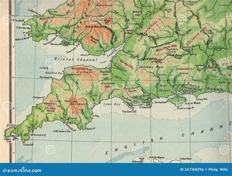A Vintage Geographical Map of South West England, UK. Stock ...