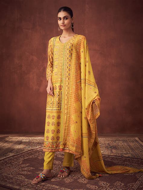 Buy Yellow Printed Unstitched Kurta Set | Shop Saundh