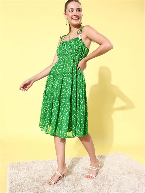 Women's Floral Tier Midi Dress with String Tie Ups- Green – Stylestone