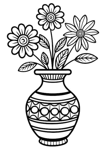 A black and white drawing of a vase with flowers in it | Premium AI ...