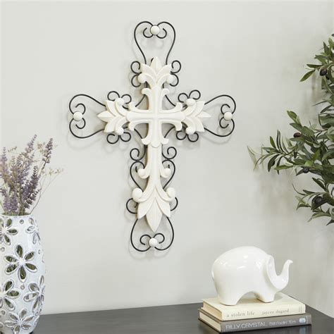 DecMode White Wood Carved Cross Cross Wall Decor with Metal Scrollwork ...