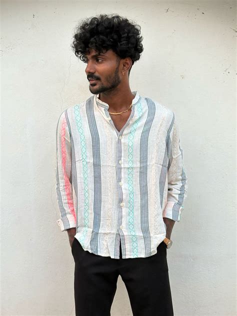 Grey And White Mandarin Collar Shirt – BEAUTIFUL BLUE