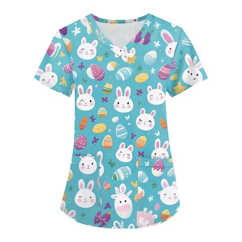 DENGDENG Easter Scrub Tops for Women Clearance Plus Size Easter Eggs V ...
