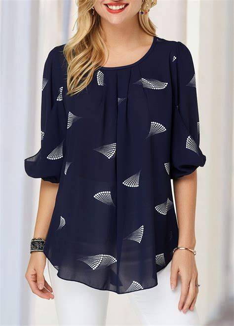 ROTITA Blouson Sleeve Printed Navy Blue Blouse | Trendy fashion tops ...
