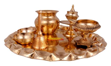 Brass Puja Thali Set, ( 7-Pieces ) Religious Spiritual Item, Home Temp ...