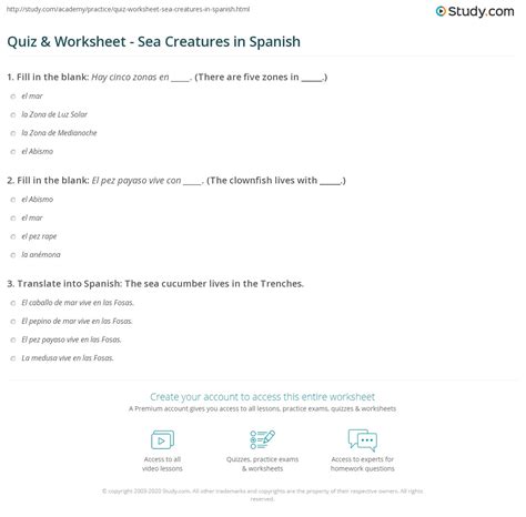 Quiz & Worksheet - Sea Creatures in Spanish | Study.com
