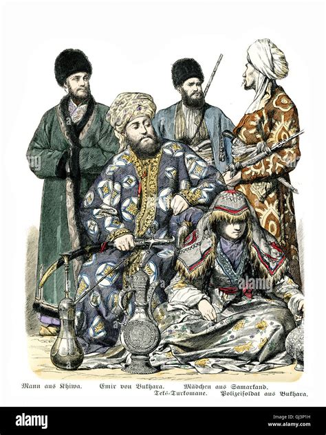 Fashions of Central Asia, 19th Century. Man of Khiwa, Emir of Bukhara, Uzbekistan, Girl of ...