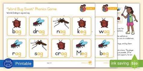 Word Bug Swat Phonics Game: Words Ending in -eg and -ag