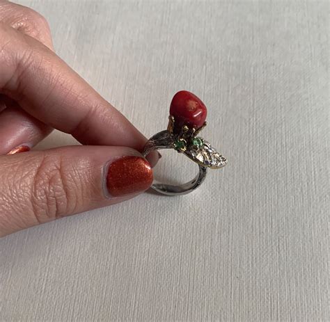 Vintage Sterling Silver Red Coral and Green Rhinestone Petal Ring Size ...