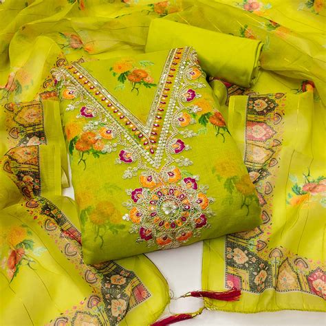 Cream Floral Digital Print Dress Material With Sequins & Cording Embro