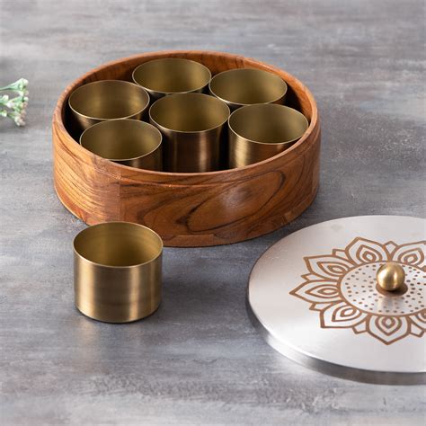 Buy Floral Silver Inscribe Acacia Wood Masala Box Online in India ...