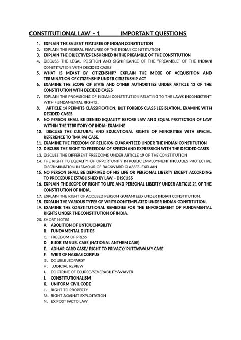 Constitutional Law 1: Important Questions & Key Concepts Notes - Studocu