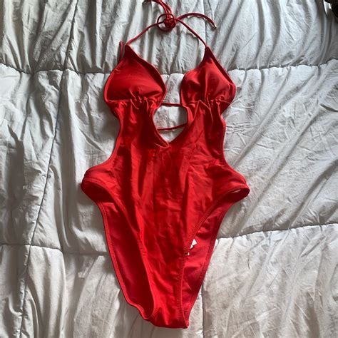 Red backless one piece swimsuit with plunging neck - Depop