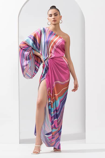 Buy Pink Satin Tassels One Shoulder Marble Print Draped Gown For Women ...