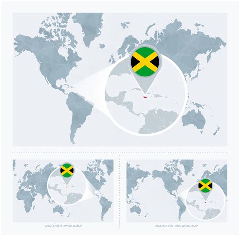Magnified Jamaica over Map of the World, 3 versions of the World Map with flag and map of ...