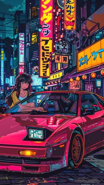A painting of a girl in a pink car with the number 6 on the front ...