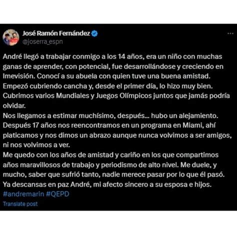 La dolorosa despedida de José Ramón Fernández a André Marín: “Me duele ...