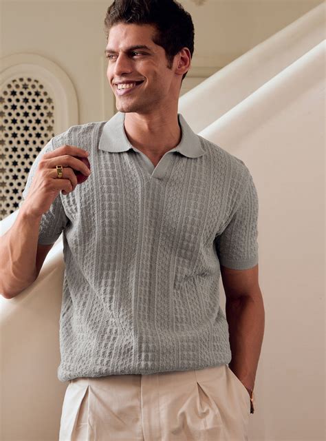 Buy Bombay Grey Cotton Textured Polo | Casual Grey Structure Polo for ...