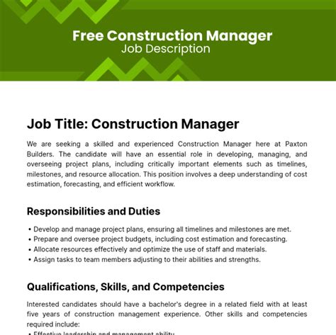 Free Construction Manager Job Description Template to Edit Online