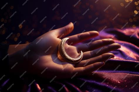 Premium AI Image | Metallic crescent moon in the palm of a hand islamic ...