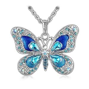 Aysekone Blue Alloy Butterfly Pendant Necklace – Rhinestone & Enamel ...