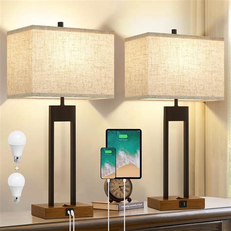 Cinkeda Table Lamp Set of 2 with USB C+A Ports & AC Outlet, Bedside ...