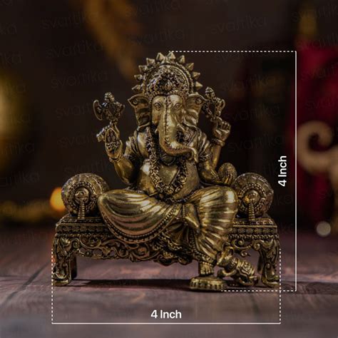 Brass Ganesh Idol Virajman on Sinhasan | 4" Murti for Pooja Room & Hou