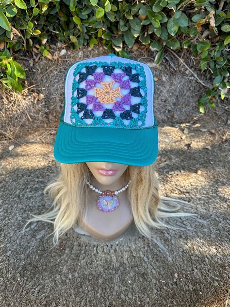 Crochet Granny Square Trucker Hat, Crochet Hat, Trucker Hat Women ...