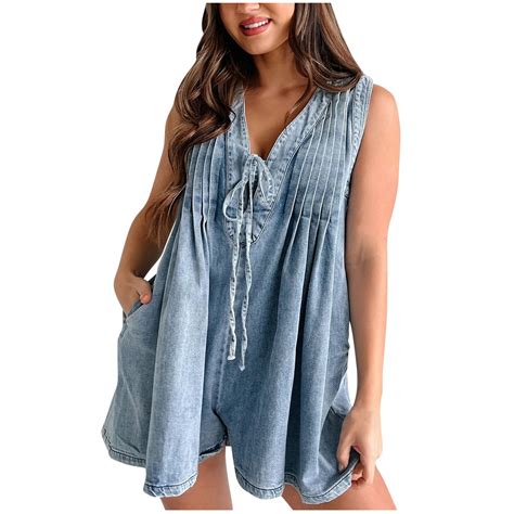 Women's Denim Romper Oversized V Neck Sleeveless Jean Short Overalls ...