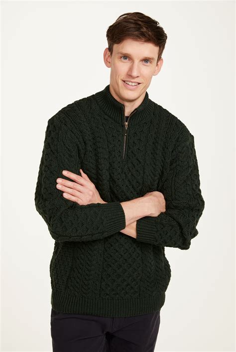 Ballycroy Mens Aran Half Zip Sweater - Forest Green