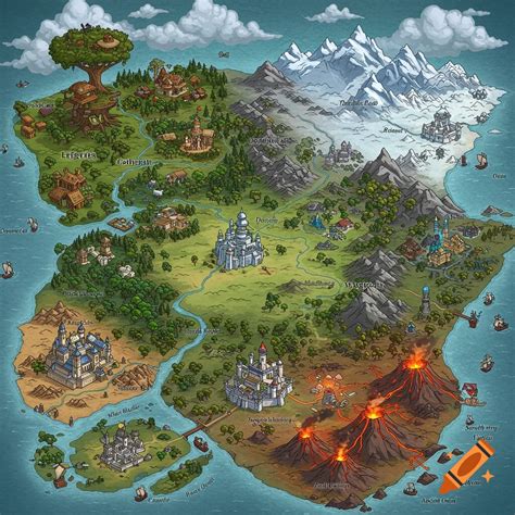 A fantasy map depicting a realm with diverse biomes, including fiery ...