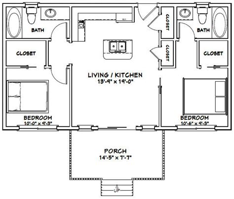 36x20 House -- 2-bedroom 2-bath -- 720 Sq Ft -- PDF Floor Plan ...