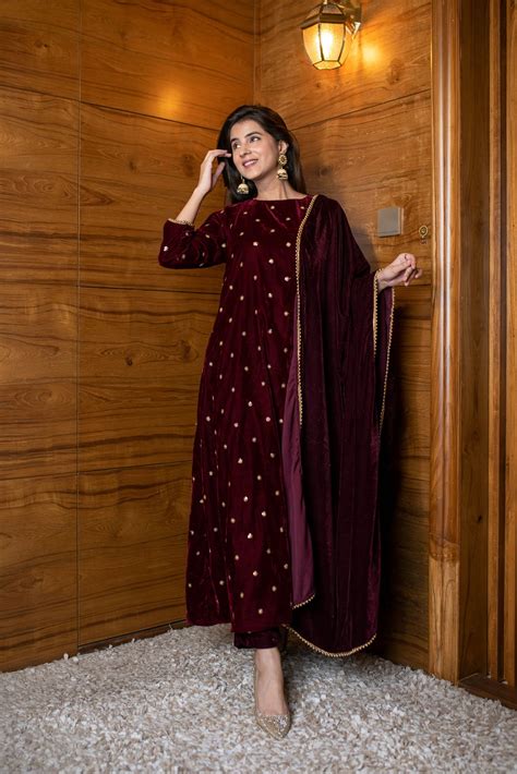 Velvet dress designs, A line kurta, Trendy velvet dress