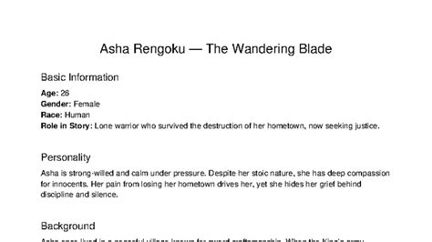 Asha Rengoku: Character Sheet & Background Info - Studocu