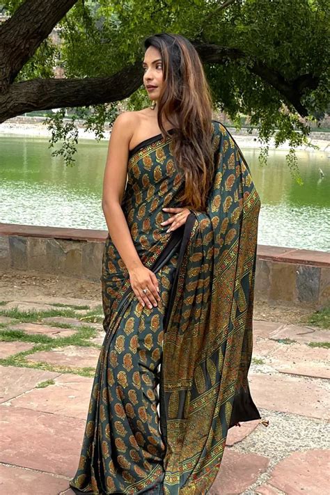 Green Paisley Modal Silk Ajrakh Saree: House Of Elegance – House Of ...