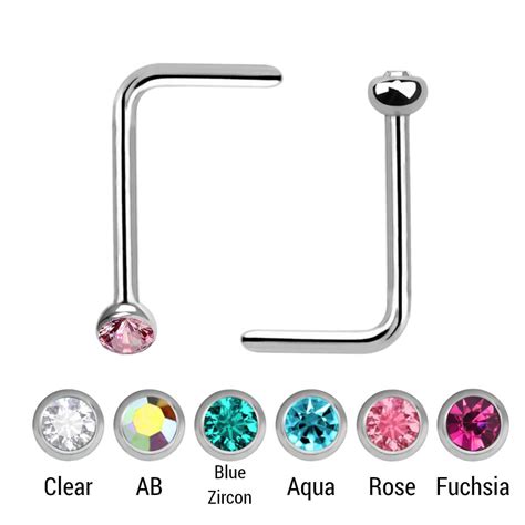 SNL08BJ2 316L steel l shape nose studs w 2mm bezel set crystal top 20g