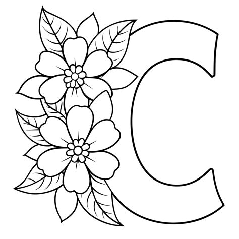 Alphabet C coloring page with the flower, C letter digital outline floral coloring page, ABC ...