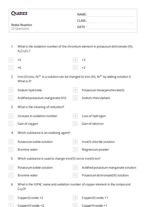 50+ redox reactions and electrochemistry worksheets for 9th Class on ...