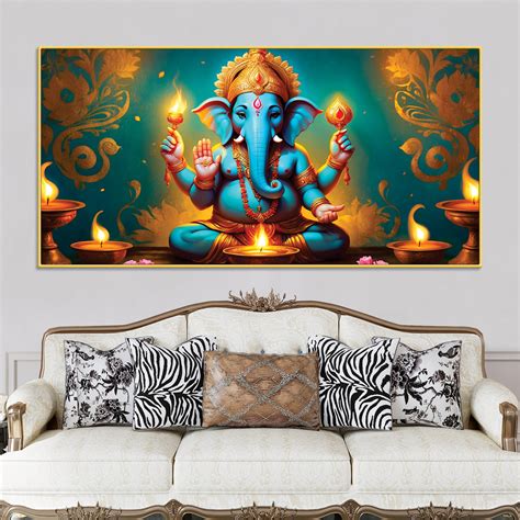 Royal Divine Blue Lord Ganesha Sitted with Golden Lamps Devotional Can