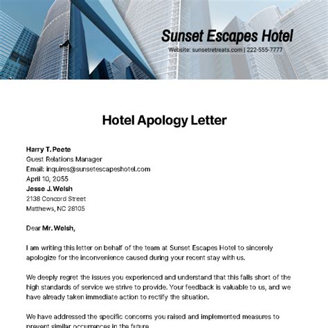 Free Hotel Apology Letter Template to Edit Online