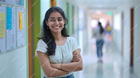 Premium Photo | Confident Indian Female Student Standing in University ...