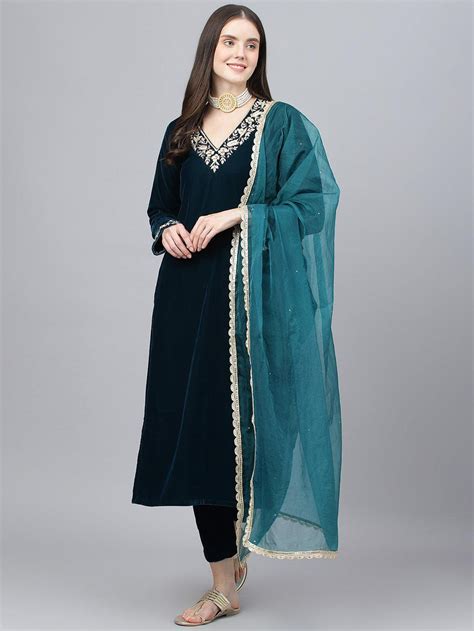 Divena Teal Green Velvet hand work Kurta pant With Organza Dupatta set ...