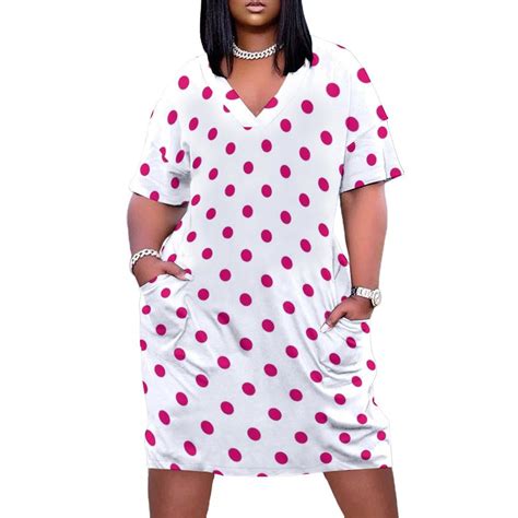Medium Dark Hot Pink Polka Dots on White Loose Pocket Dress long ...