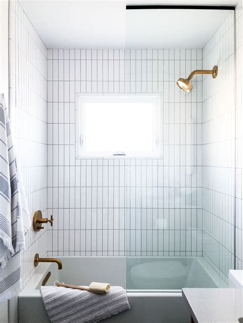 Vertical stacking tile + stack bond tile + white shower tile + brass ...