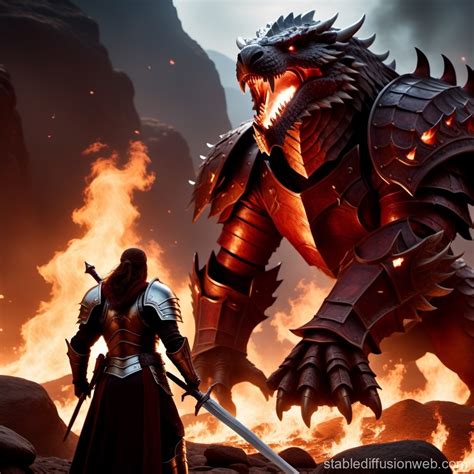 Warrior vs Monsters on Flame-covered Rocks | Stable Diffusion 在线