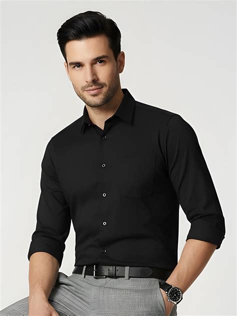 Black Solid Spread Collar Shirt